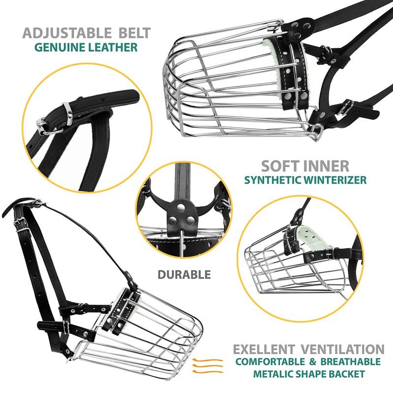 Dog Chrome Metal Muzzles Wire Basket Adjustable Leather Straps German