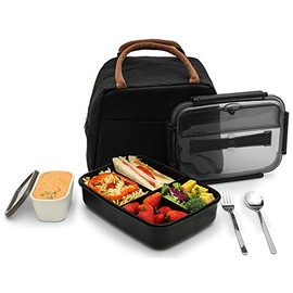 MINCOCO Bento Lunch Box Leak-proof Eco-Friendly Bento Box Food Storage Containers with Large Lunch Bag, Sauce Jar, Stainless Spoon&Fork for Adults Women Men Kids (Classic Black)