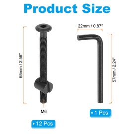 PATIKIL M6 x 65mm Bunk Bed Bolts, 12 Pack Hex Drive Socket Cap Barrel Screws Bolt Nuts Assortment Kit with 1Pcs Wrench for Furniture Bed, Black