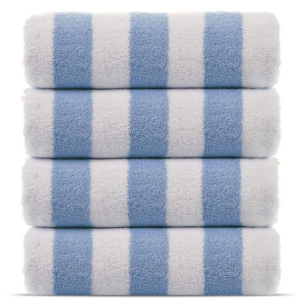 Chakir Turkish Linens Premium Quality 100% Cotton Turkish Cabana Thick Stripe Pool Beach Towels 4-Pack (Light Blue, 30x60 Inch)