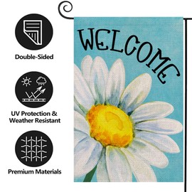 Texupday Welcome Daisy Floral Decoration Spring Double Sided Vertical Burlap Garden Flag Rustic Farmhouse Holiday Party Outdoor Yard Banner 12" x 18" (Blue)