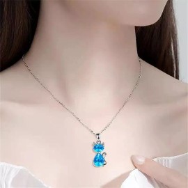 Blue Cat Pendant Round Cut White Stone Kitty Necklace Silver Jewelry Gift Women