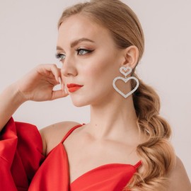 Flyonce Big Heart Earrings for Women, Rhinestone Crystal Large Statement Silver Dangle Jewelry Gifts Bridal for Wedding Prom Valentines Day