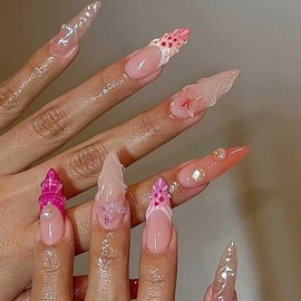 YOSOMMK YOSOMMK Nude Press on Nails Almond Medium Fake Nails with 3D Butterfly Pearl French Tip Designs Glossy Acrylic Nail Glue on False Nail for Women