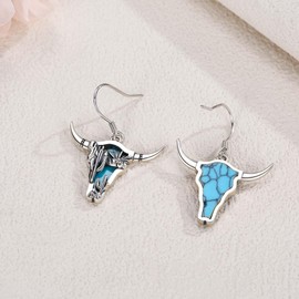 Midir&Etain Turquoise Earrings 925 Sterling Silver Texas Longhorn Cow Skull Dangle Earrings Western Cowgirl Cowboy Jewelry for Women