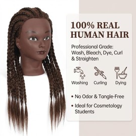 100% Real Hair Mannequin Head Training Head Manikin Cosmetology Doll Head for Hairdresser Practice Braiding Hair Styling with Clamp stand (18inch)