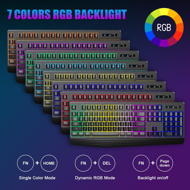 Wireless Gaming Keyboard, RGB & Single-Color Backlit, Full-Size Waterproof Computer