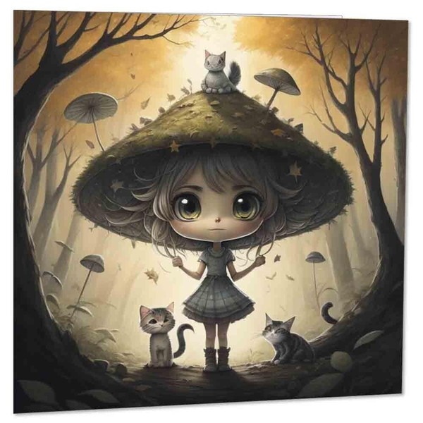 Cute Forest Girl Toadstool Greeting Card - Woodland Fantasy Kawaii