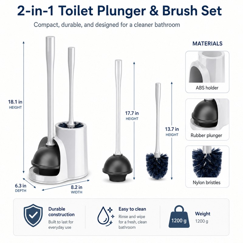 2-in-1 Toilet Plunger & Brush Set for Bathroom Cleaning –