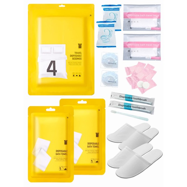 Extguds Disposable Travel Set : Bed Sheet×1+Duvet Cover×1+Pillow case×2+Bath Towels×2+Shower Caps×2+Plastic Bathtub Bag×2+Toilet Seat Covers×2+Compression face Towel×8+Toothbrushes×2+Slippers×2
