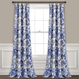 Lush Decor Sydney Light Filtering Window Curtain Panels, Pair, 52" W x 84" L, Navy & White Drapes - Floral Curtains for Bedroom - Vintage Curtains - Coquette Decor