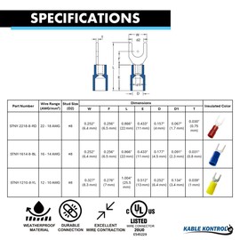 Kable Kontrol Insulated Nylon Fork Terminals, 22-18 AWG 100 Pcs UL Listed – Butted Seam Marine Grade Electrical Wire Crimp Terminals, Copper & Nylon, for Automotive, Marine HVAC, Aerospace – Red