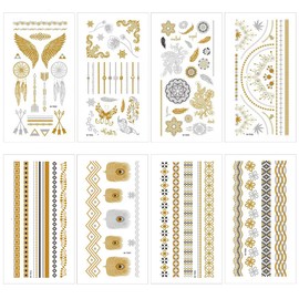 9 Sheets Ladies Gold Temporary Tattoos, Ladies Tattoos, Gold Glitter Glue