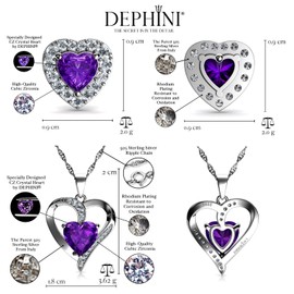DEPHINI - Purple Heart Necklace & Heart Earrings SET - 925 Sterling Silver - Crystal Studs - 18" Rhodium Plated Silver Chain - Cubic Zirconia