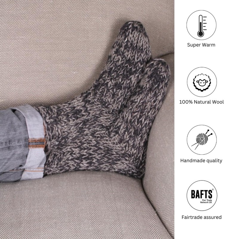 Pachamama Men 100% Wool Bed Sofa Socks Handknitted Charcoal Fleck