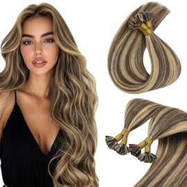 Sunny Hair U Tip Hair Extensions Human Hair Dark Brown Highlights Caramel Blonde Utip Hair Extensions Invisible K Tip Hair Extensions Brown Keratin Hair Extensions for Party 50g 18in
