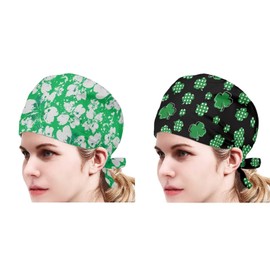 Babrukda 2pcs Set St Patricks Day Green Leaves Beanie Turban Hat for Women Men Baseball Cap with Sweatband Adjustable Tie Back Head Hair Cover Coat Headgear for Party Sport