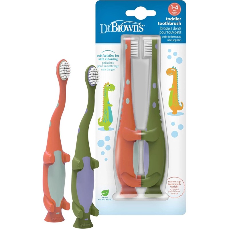 Dr. Brown's Toddler Toothbrush, Dinosaur, Green and Orange, 2-Pack