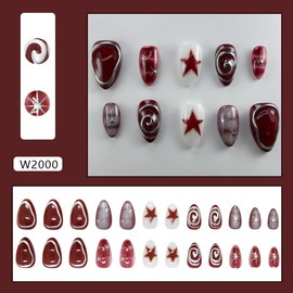 Mkwntg 24Pcs Wine Red Press on Nails Medium Almond Fake Nails with 3D Silver Chrome Line Design Star Ombre Full Cover Acrylic False Nails Y2K Reusable Glossy Stick on Nails for Women manicure DIY