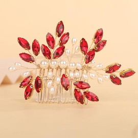 BERYUAN Crystal Rhinestone Hair Comb Rhinestone Pearls Headpiece Teardrop Rhinestone Wedding Hair Accessories for Women (red)