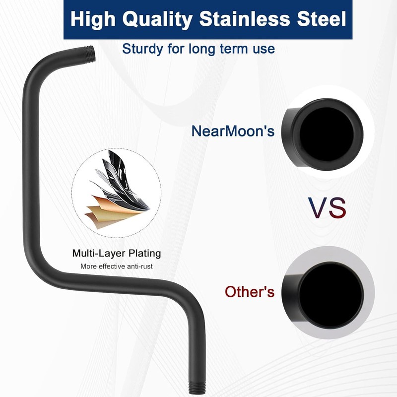 NearMoon S Shape Shower Extension Arm with Flange, Stainless Steel
