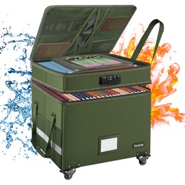 DocSafe File Box with Lock,2-Layer Fireproof Document Box with Wheels,Collapsible Rolling File Storage Organizer with Pockets,Large Portable Home Office Filing Cabinet Safe for Hanging Folders,Green