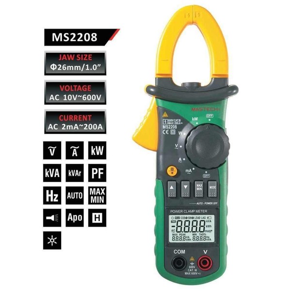 Mastech MS2208 Harmonic Power Clamp Meter Tester Multimeter TRMS Kva