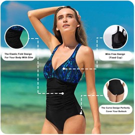 FLYRONG Swimming Costume for Women V Neck One Piece Tummy Control Swimsuits for Women Swimwear (Print-A-Blue+Black, S (UK8-10))