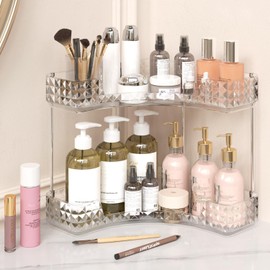 Corner Bathroom Organizer, Clear Acrylic Makeup Storage with Brush Holder, Vanity Countertop Cosmetic Display (transparent, 2-Tier)