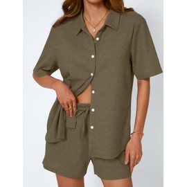 AUTOMET Womens Two 2 piece Short Sets Summer Outfits 2025 Loungewear Lounge Matching Travel Beach Vacation Clothes Sweatsuits Sweat Pajamas Pjs Fashion Trendy Teen Clothing Green L