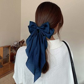 Ximdble Vintage Large Silk Bow Hair Clip Barrette Blue Ribbon Bow Hair Barrette French Silk Bow Head Clip Barrette Headpieces Blue Silk Bow Hair Accessories for Women (Blue)