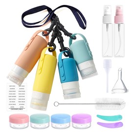 Fullplus Silicone Travel Bottles Set Leak Proof Refillable Travel Cosmetic Containers, 3.3 oz Carry-on TSA Approved, with Facial Cleansing Brush, Shower Lanyard for Shampoo, Conditioner, Lotion