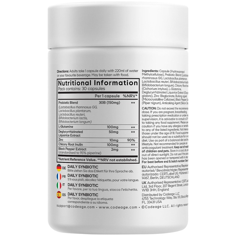 Codeage Daily Synbiotic Supplement - Prebiotics, Lactobacillus & Bifidobacterium Probiotics,