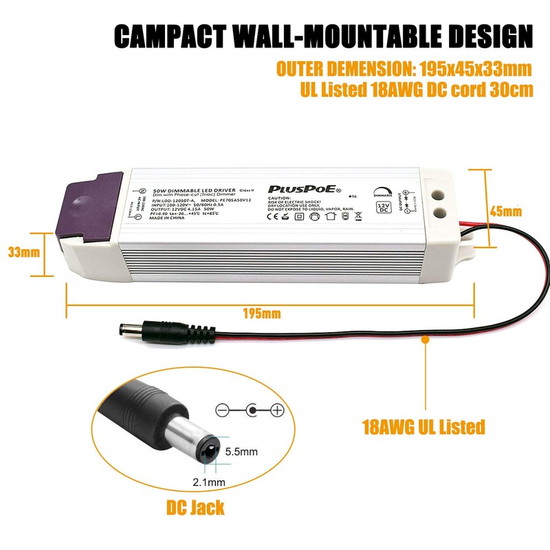 50W Dimmable LED Driver 12V Transformer, 120V AC to DC
