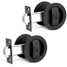 Dontay 2 Pack Pocket Door Lock with Key, Contemporary Entrance Sliding Barn Door Lock Latch, Recessed 2 Sided, 2 3/8" Backset, Flush Handles Hardware (Excluding Edge Pull, Matte Black, Round)