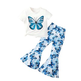 OLMRJKD Kids Toddler Girl Clothes Outfits Short Sleeve Butterfly Graphic Top + Flared Leg Pants 2PC Spring Summer Clothing Set(8-9T)