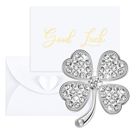 4 Leaf Clover Charm with Good Luck Greeting Card, Heart Envelope Set Good Luck Shamrock Good Luck Card with Matching Envelope and Small Bag Good Luck Gifts for Family Friend