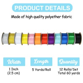 TONIFUL 12 Colors 1 Inch x 60yds Satin Ribbon Rolls Solid Color Fabric Ribbons for Gift Wrapping Invitation Floral Bouquet Hair Bows Craft Party Wedding Birthday Christmas Decoration (5yd/Roll)