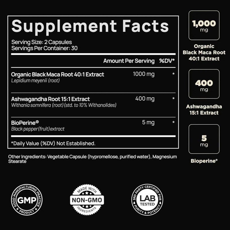 Organic Black Maca Root with Ashwagandha -Highest Potency 40,000mg 40x