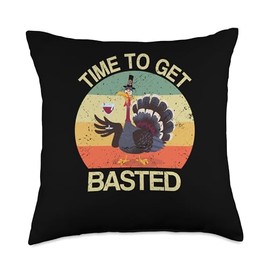 Pilgrim Costume Thanksgiving Decor Turkey Bacon Wine Thanksgiving Funny Drinking Time to Get Basted Turkey Throw Pillow, 18x18, Multicolor