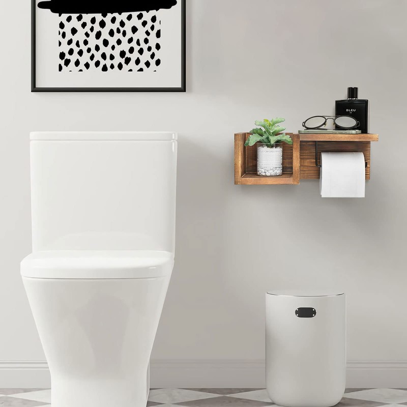 Wooden Toilet Paper Holder Wall Mount with Shelf - Farmhouse