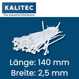 Pack of 100 Kalitec Cable Ties, Natural, 140 mm x 2.5 mm, Cable Ties, UV-Resistant, Transparent Cable Ties, Cable Ties Set, White/Natural, 140 mm Long Cable Ties, 8 kg Tensile Strength