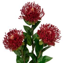 Hollyone 3Pcs Red Artificial Flowers Mums Fall Spider Mum Flower Silk 28.3'' Long Stem Fake Chrysanthemum Flowers Leucospermum Cordifolium Arrangement Faux Pincushion Flowers Bouquet Home Decor