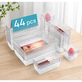 4-Pack Clear PS Drawer Organizer Storage Bins for Kitchen, Bathroom & Office