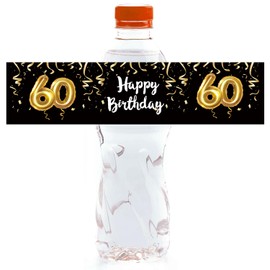 TENTADO 24 Black and Gold 60th Birthday Party Water Bottle Labels, 60 Labels per Pack, Perfect for 60th Birthday Parties and Anniversaries
