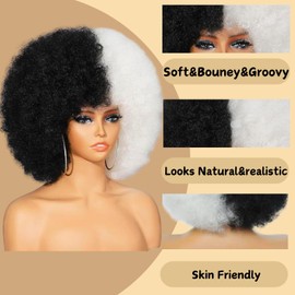 MYCNIMY Afro Wigs for Black Women 70s Afro Curly Wigs Soft Natural Looking Fluff and Bouncy Black and white Afro Wigs Synthetic Hair Big Afro Wig for Daily Party Cosplay Costume(Black and white)