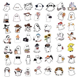 50Pcs Ghost Theme Stickers, Cute Ghost Decorative Stickers for Parties, Suitable for Children, Teens, and Adults, Ideal for Water Bottles, Laptops, and Cups (White)