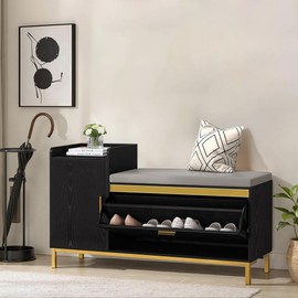VECELO Entryway Shoe Bench with Storage, 2-Tier Shoe Rack Organizer with Flip Drawers, Removable Seat Cushion for Hallway, 13.8" D x 47.2" W x 27" H, Black