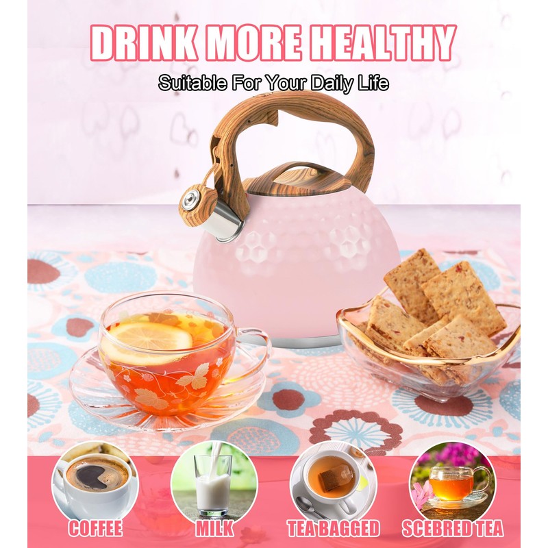 Foedo 3.2Qt Stainless Steel Whistling Tea Kettle Stovetop, Pink