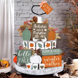 Sumind 15 Pcs Fall Tiered Tray Decor Set Fall Decorations for Home Autumn Wood Signs Thanksgiving Orange Brown Table Signs Farmhouse Wooden Maple Pumpkin Gnomes Tabletop for Festival(Heart)